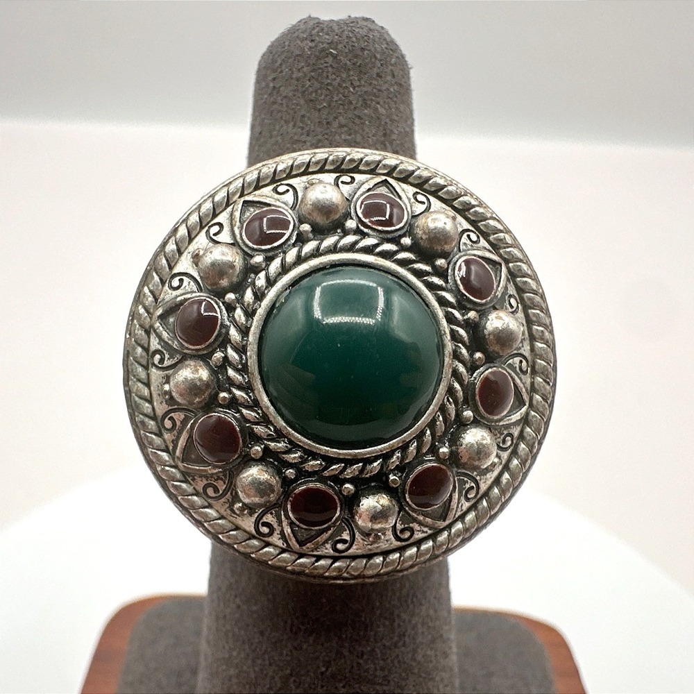 Vintage Y2K Lucky You Silver‎ Tone Engraved Glass Stone Ring Statement Jewelry
